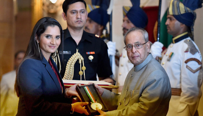 Tennis ace Sania Mirza has received the prestigious Rajiv Gandhi Khel Ratna award from President Pranab Mukherjee on the occasion of National Sports Day at the the Rastrapati Bhavan.The 28-year-old Hyderabadi, thus, became the second tennis player after legendary Leander Paes to have accorded with the highest sports award in India. Mirza, regarded as India's finest women's tennis player ever, won her first women's doubles Grand Slam title by lifting the Wimbledon title with Swiss legend Martina Hingis in June. Previously, she had won three Grand Slam titles in Mixed Doubles at the Australian Open, French Open and US Open each.
