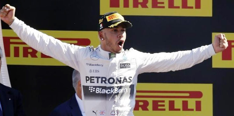 Lewis Hamilton won the Italian Grand Prix to take a 53-point lead in the Formula One championship on Sunday after Mercedes team mate and closest rival Nico Rosberg retired with his car in flames. It was Hamilton's 40th career victory, one less than his boyhood hero Ayrton Senna, and seventh of the season.