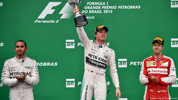 Nico Rosberg has won the Brazilain Grand Prix ahead of team-mate Lewis Hamilton and compatriot Sebastian Vettel.The win also guarantees Rosberg of a second place in the drivers’ championship.He races under the German flag in Formula One, and has also briefly competed for Finland very early in his career. He holds dual nationality of these two countries.