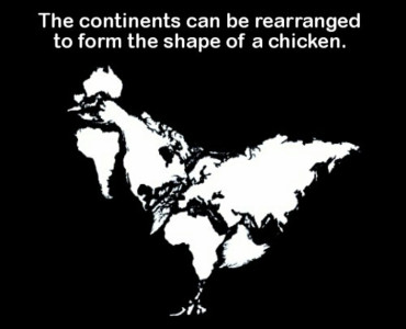 The continents can be rearranged to form the shape of a chicken